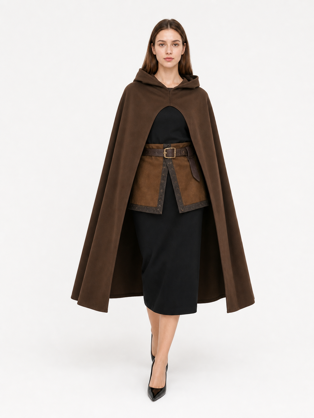 Brown hooded cape shown full-body over a black dress, with a front clasp and wide flowing panels