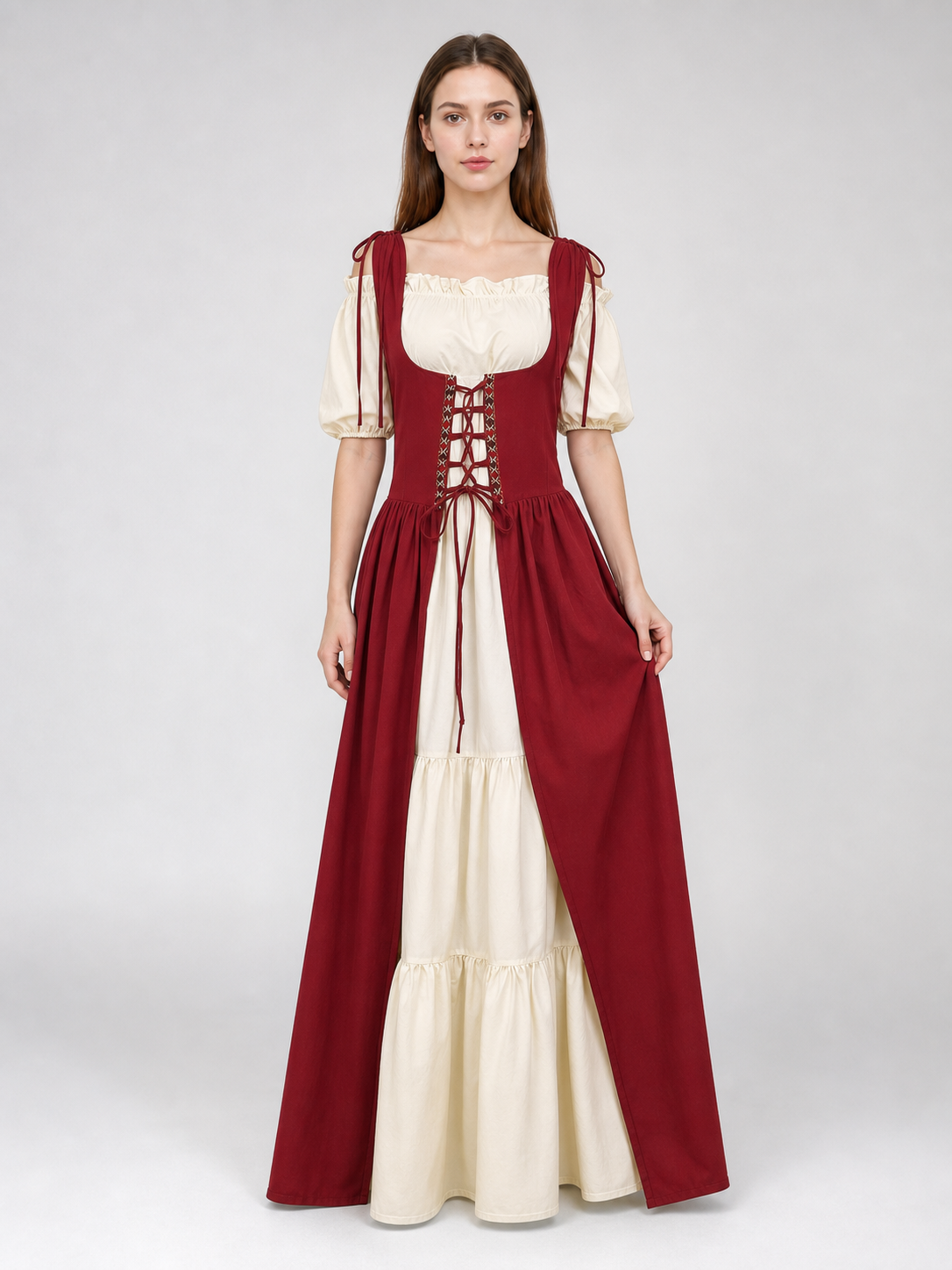 Medieval Renaissance-Style Two-Piece Dress, Burgundy