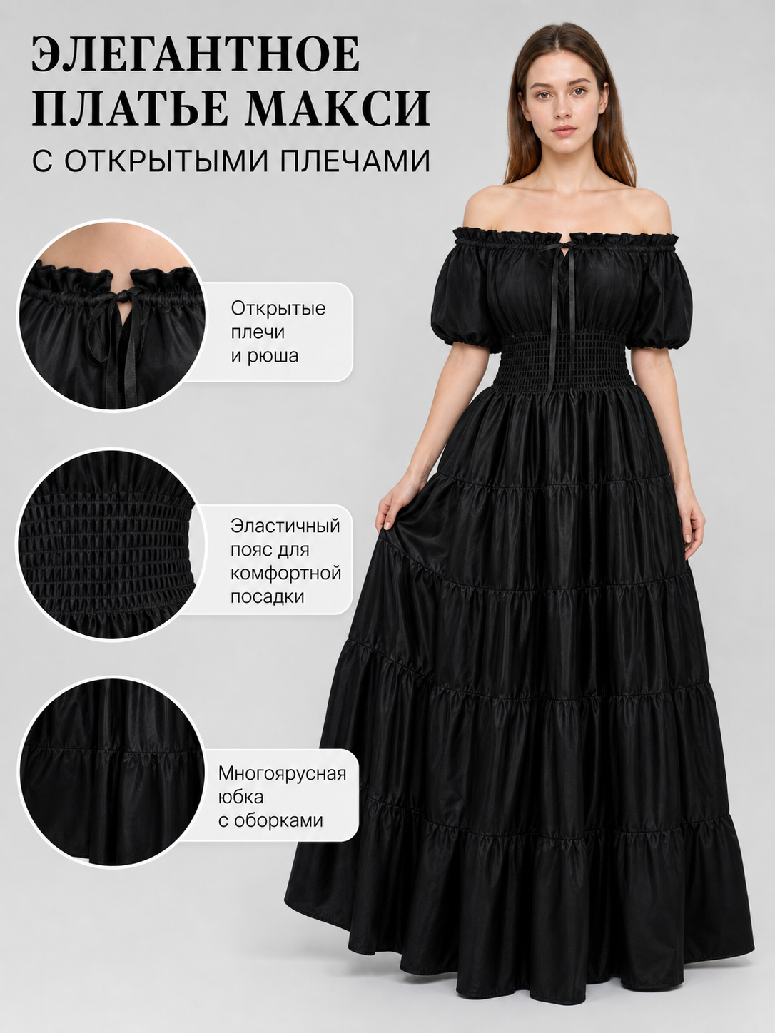 Information card showing the black dress and close-ups of its off-shoulder neckline, elastic waist, and gathered multi-tier skirt