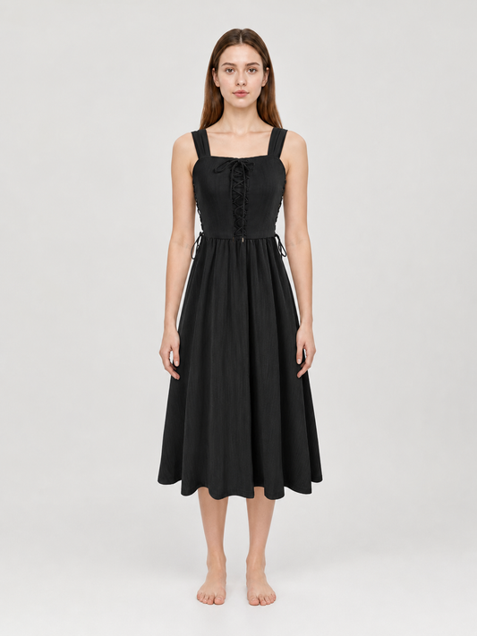 Black Lace-Up Medieval Maxi Dress