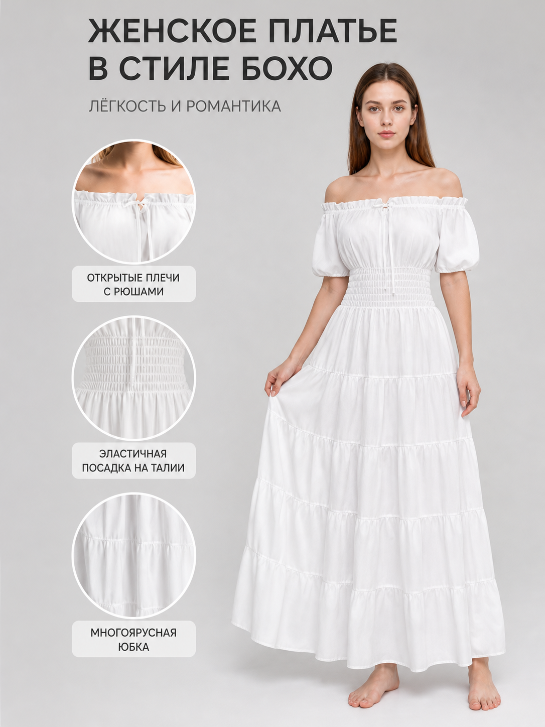 Information card showing the white dress with close-ups of its off-shoulder neckline, elastic waist, and tiered skirt