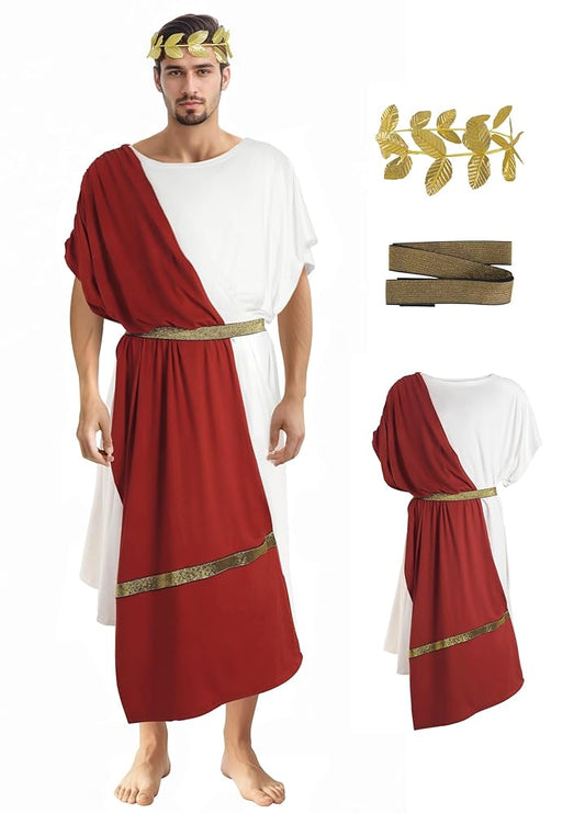 Men's Ancient Greek Costume, Red And White Draped Tunic With Gold Belt And Laurel Headpiece For Cosplay, Stage Events