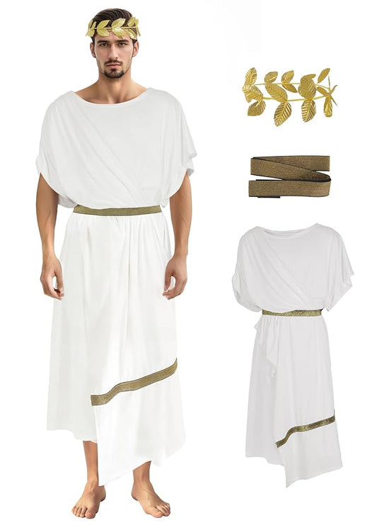 Adult Men's Ancient Greek Costume Set, 3pcs Draped Robe With Gold Trim, Waist Belt And Laurel Wreath For Cosplay Theme Parties