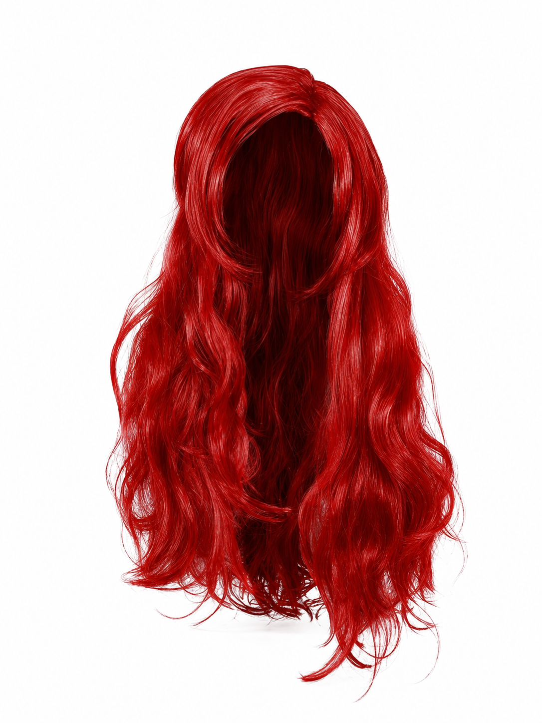 Long red costume wig with glossy, loose waves, shown from the back against a white background