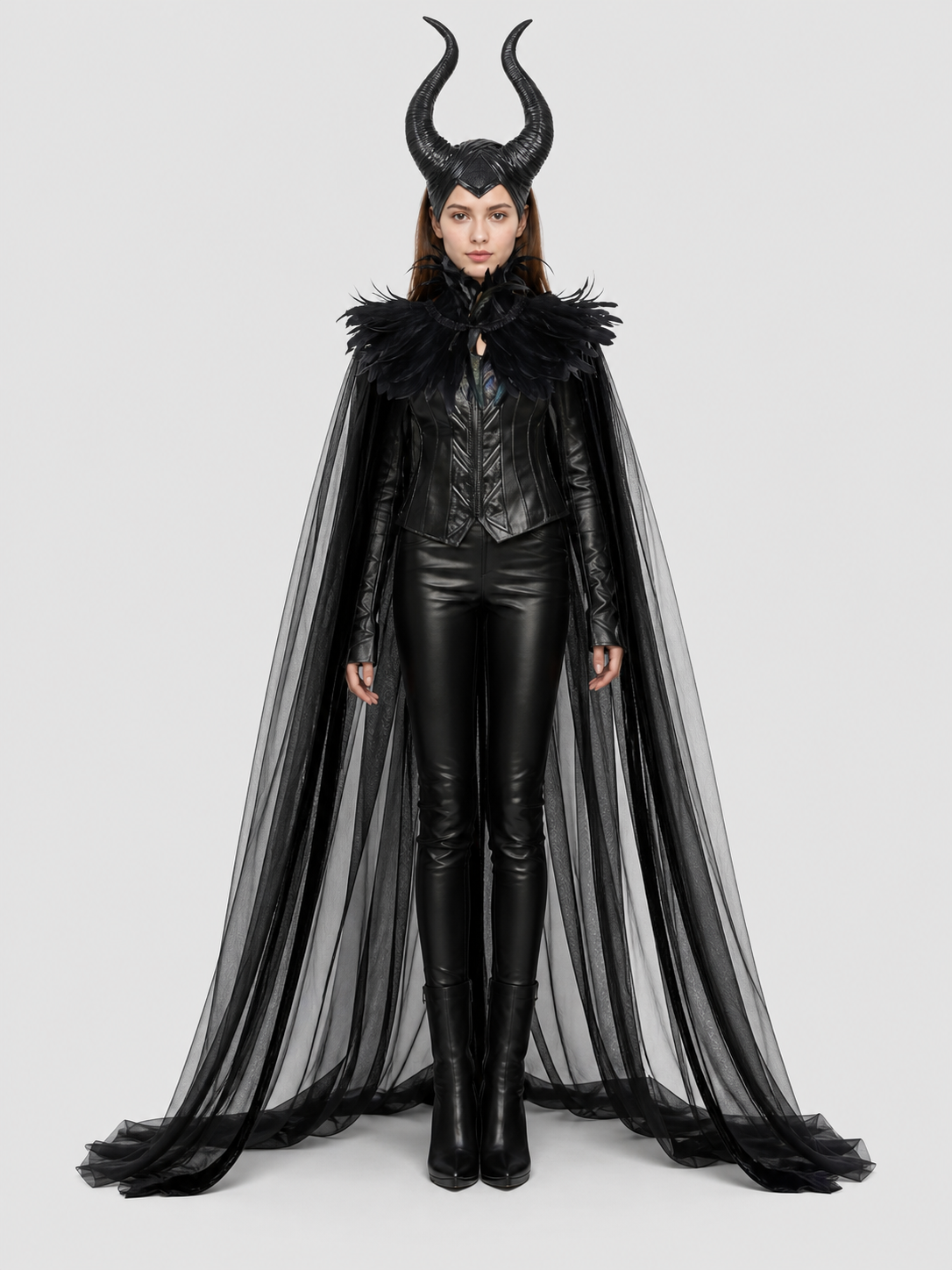 Black costume cape with sheer floor-length panels, feathered shoulder trim, and horned headpiece shown full-body on a model