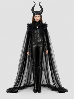 Gothic Black Horned Cape Set with Feather Collar - Sheer Mesh Floor-Length Cloak & Curved Horns Headpiece
