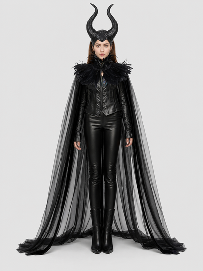 Black costume cape with sheer floor-length panels, feathered shoulder trim, and horned headpiece shown full-body on a model