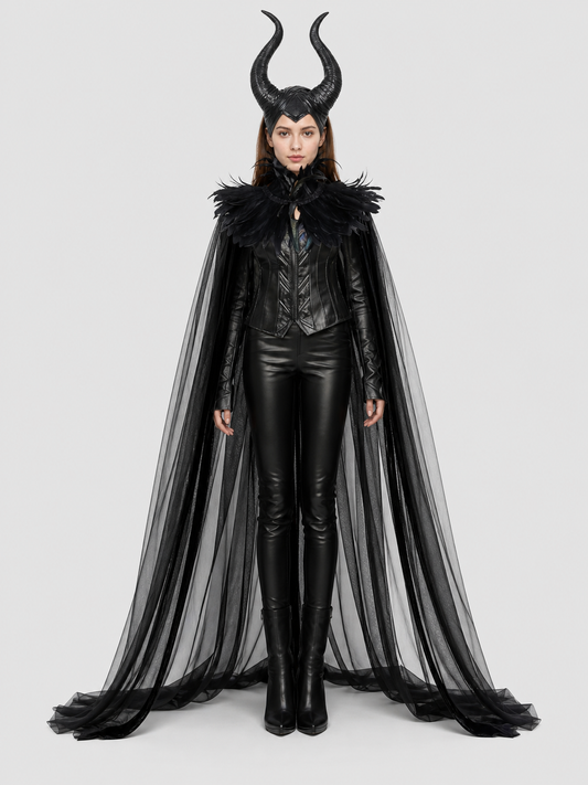 Gothic Set: Black Horned Cape with Feathers