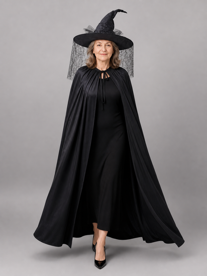 Black satin-look cloak with gathered neckline and pointed hat with mesh veil, shown full-body on a model