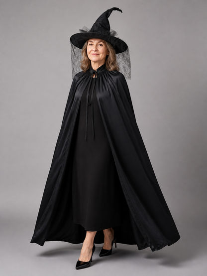 Black satin-look cloak and pointed hat with black mesh veil, shown full-length on a model against a gray studio background