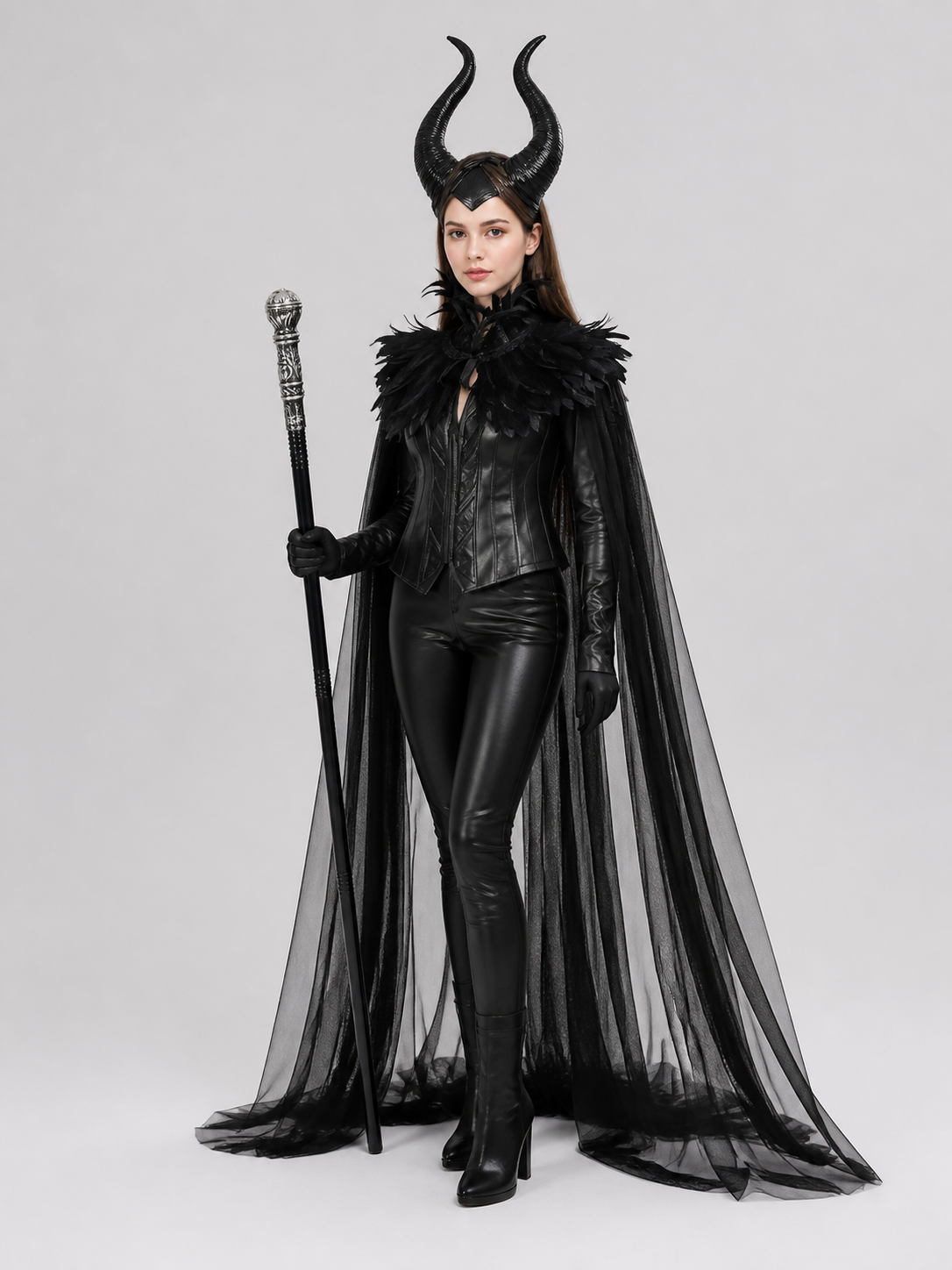 Full-body angled view of a black horned costume with feathered shoulders, sheer trailing cape, fitted trousers, boots, and scepter