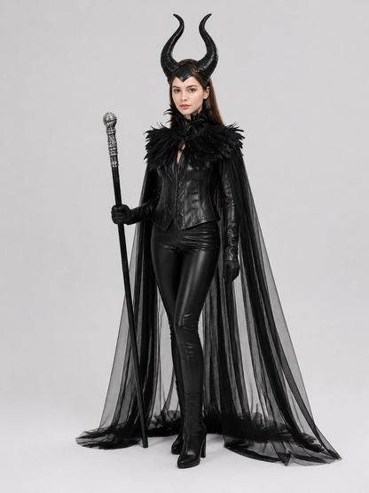 Full-body angled view of a black horned costume with feathered shoulders, sheer trailing cape, fitted trousers, boots, and scepter