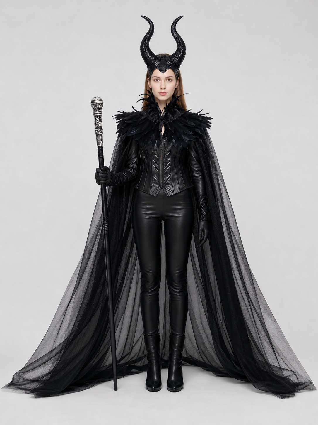 Full-body front view of a black horned costume with feather collar, leather-look bodice, sheer cape, gloves, boots, and scepter