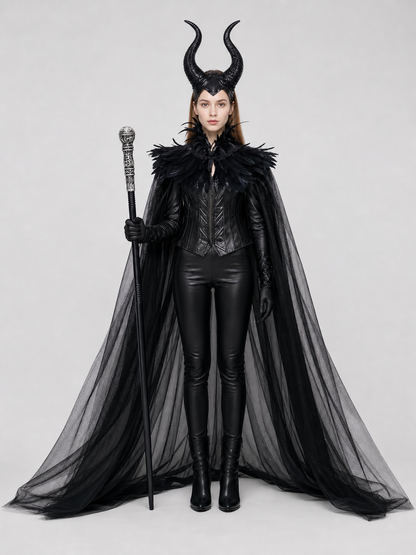 Full-body front view of a black horned costume with feather collar, leather-look bodice, sheer cape, gloves, boots, and scepter