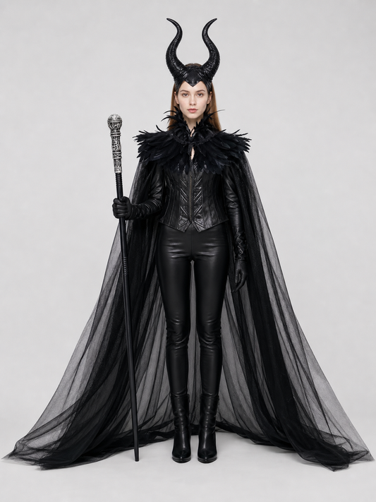 Full-body front view of a black horned costume with feather collar, leather-look bodice, sheer cape, gloves, boots, and scepter
