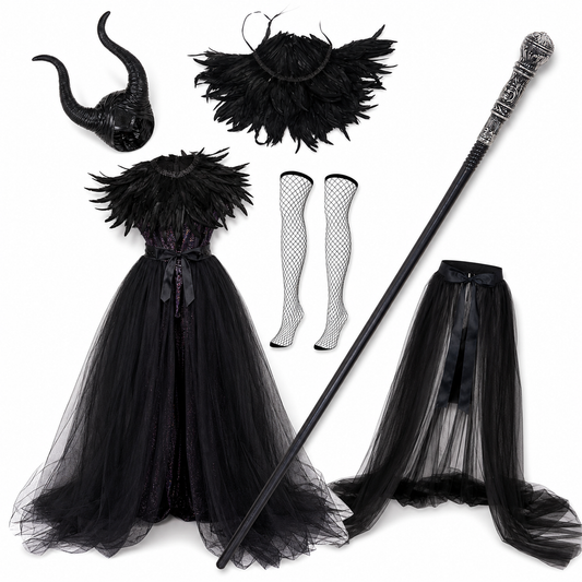 Black Gothic Witch Costume Set With Long Mesh Skirt, Feather Collar, Demon Horn Headdress, Fishnet Stockings And Silver-Topped Scepter Prop