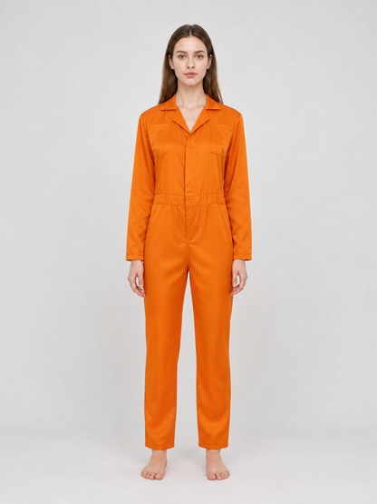 Full-body front view of a woman wearing an orange jumpsuit with a notched collar, long sleeves, chest pockets, elastic waist, and bare feet