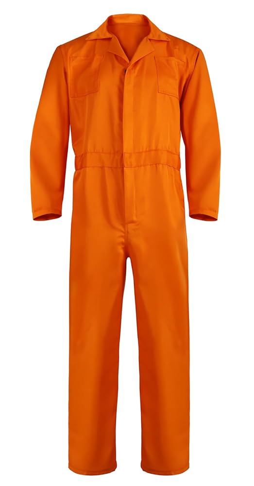 Orange long-sleeve jumpsuit shown alone against white, with a notched collar, chest pockets, front closure, elastic waist, and straight legs