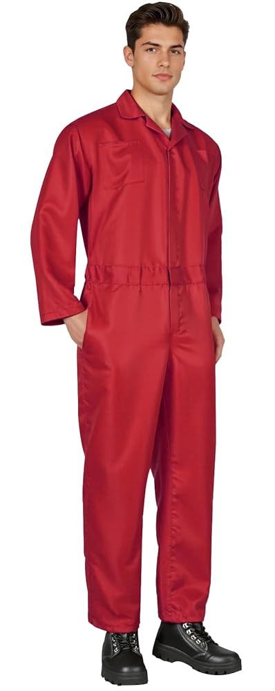 Red long-sleeve jumpsuit shown full-body on a male model with a collared front, elastic waist, and black boots