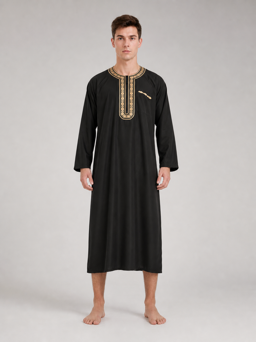 Black long Muslim robe with gold trim