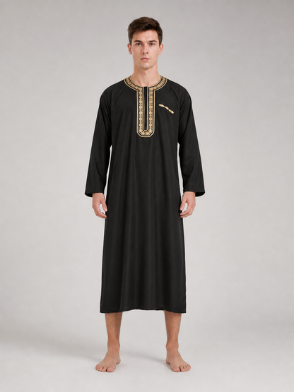Black long Muslim robe with gold trim
