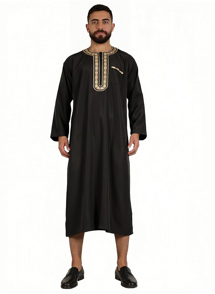 Black long Muslim robe with gold trim