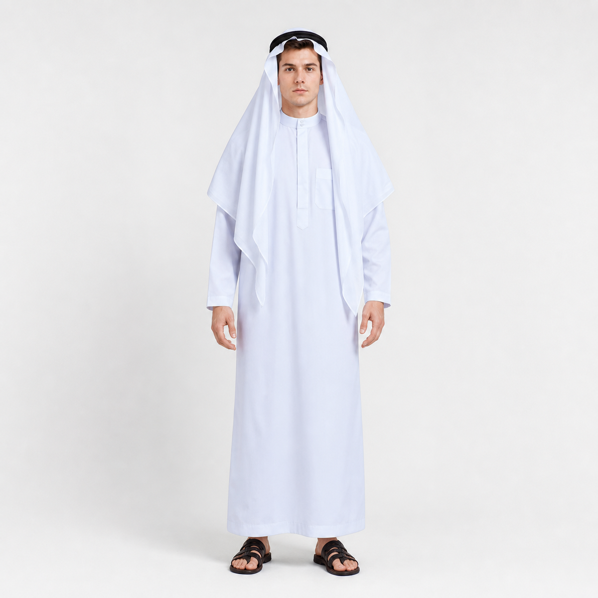 White full-length robe with a smooth finish, draped head covering, and black headband, shown front-facing on a model in a studio