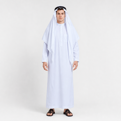 White full-length robe with a smooth finish, draped head covering, and black headband, shown front-facing on a model in a studio