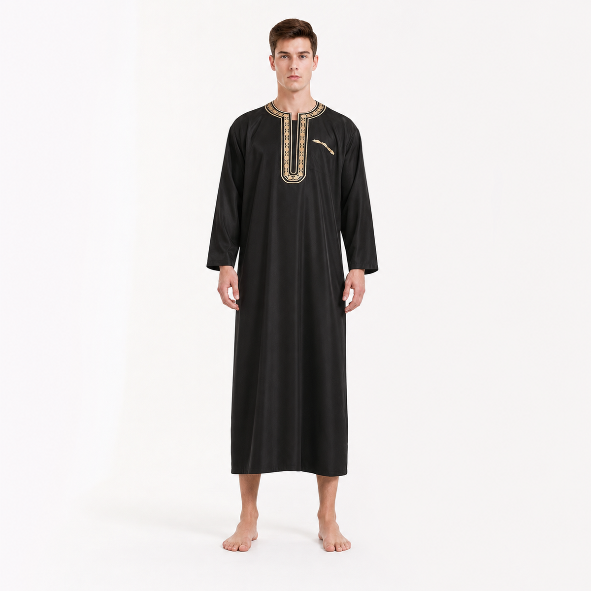 Full-body front view of a black ankle-length robe on a barefoot model, featuring gold-tone neckline and chest trim