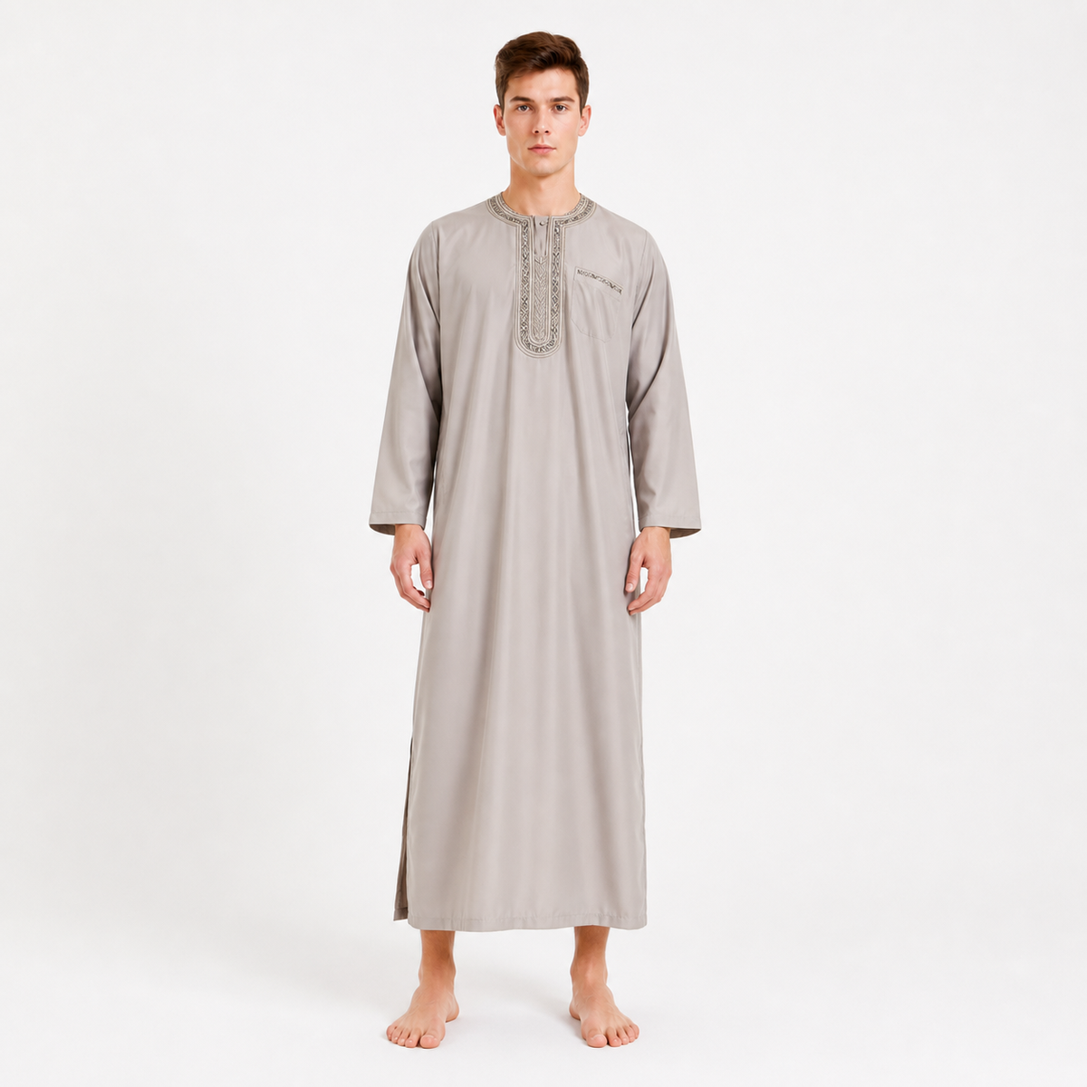 Modest Traditional Long Embroidered Robe, Loose Full-Length Design, Long Sleeves, Collarless Round Neck, Religious and Cultural Wear