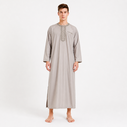 Modest Traditional Long Embroidered Robe, Loose Full-Length Design, Long Sleeves, Collarless Round Neck, Religious and Cultural Wear