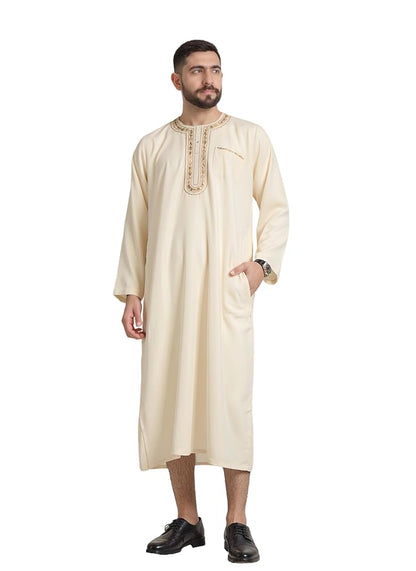 Long cream robe on a male model, shown full-body from the front in three-quarter view, with long sleeves and an embroidered chest placket