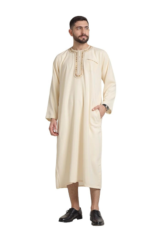Long cream robe on a male model, shown full-body from the front in three-quarter view, with long sleeves and an embroidered chest placket