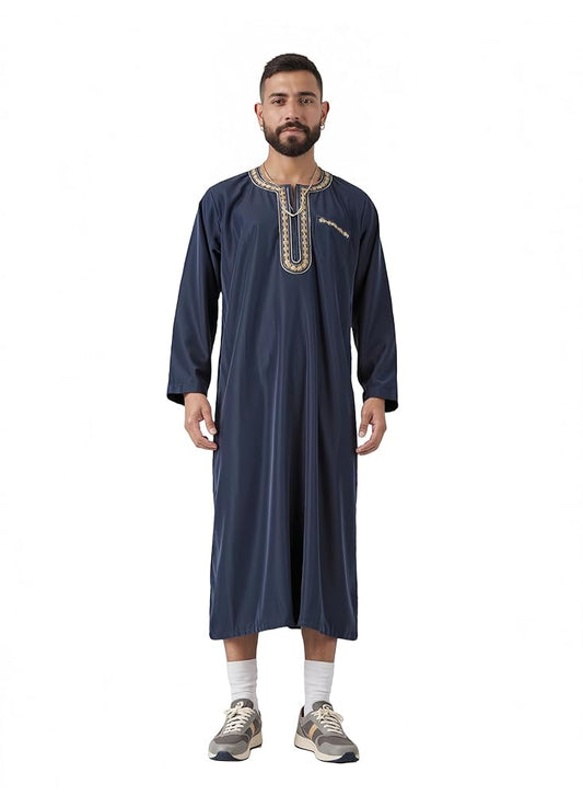 Navy blue long-sleeved robe on a full-body model, with embroidered trim around the neckline and front placket, styled with socks and sneakers