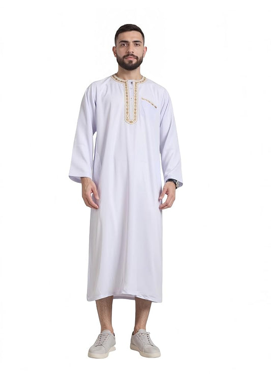 White long-sleeved robe with gold-toned trim around the neckline and chest, shown full length on a standing model