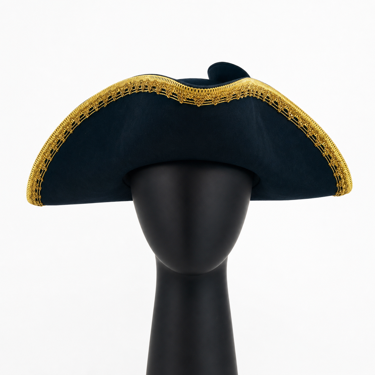 Black tricorn hat with gold braided edging displayed on a black mannequin against a white background
