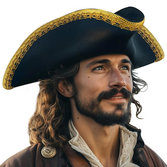 Classic Pirate Tricorn Hat, Black Three-Cornered Costume Hat with Gold Braided Trim and Decorative Gold Edging for Cosplay, Costume Parties and Themed Events