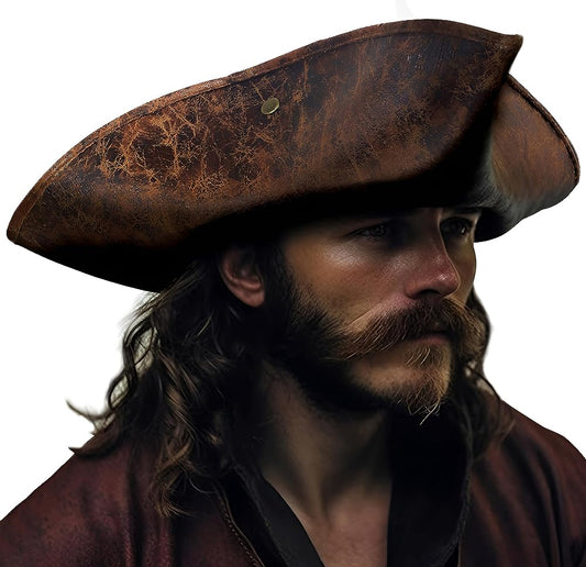 Vintage Pirate Tricorn Hat, Dark Brown Three-Cornered Costume Hat with Wide Curved Brim and Distressed Texture for Cosplay, Themed Parties and Performances