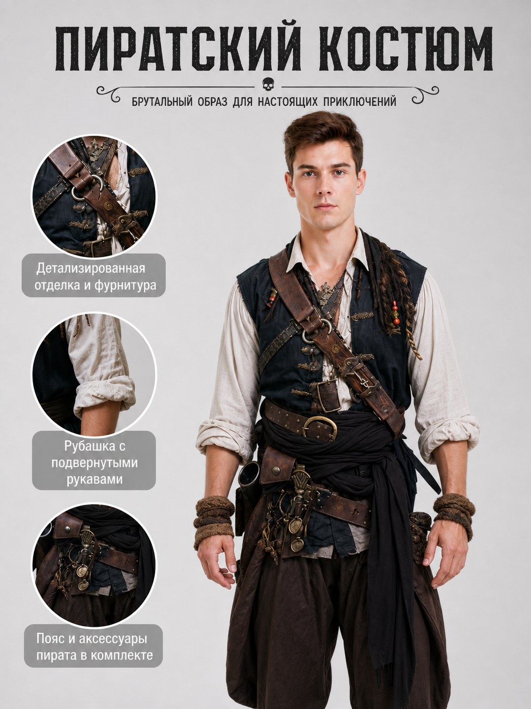 Information card showing a pirate costume with close-ups of the belt, rolled shirt sleeves, and included pirate accessories