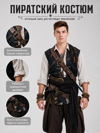 Information card showing a pirate costume with close-ups of the belt, rolled shirt sleeves, and included pirate accessories