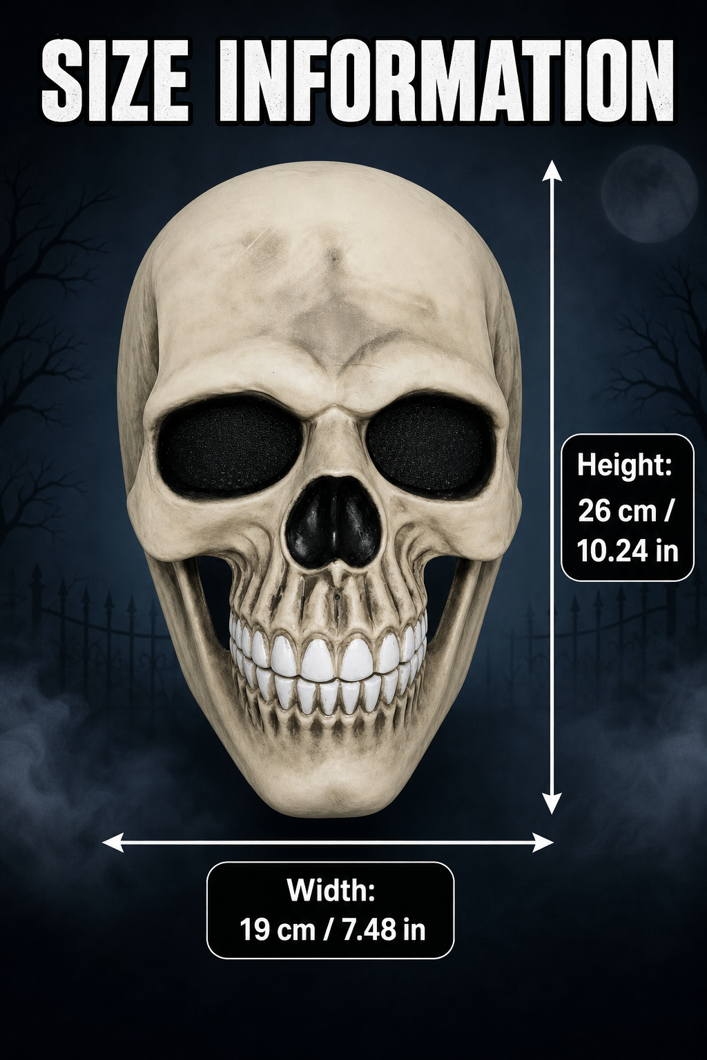 Information card showing the skull mask with labeled dimensions of 26 cm height and 19 cm width