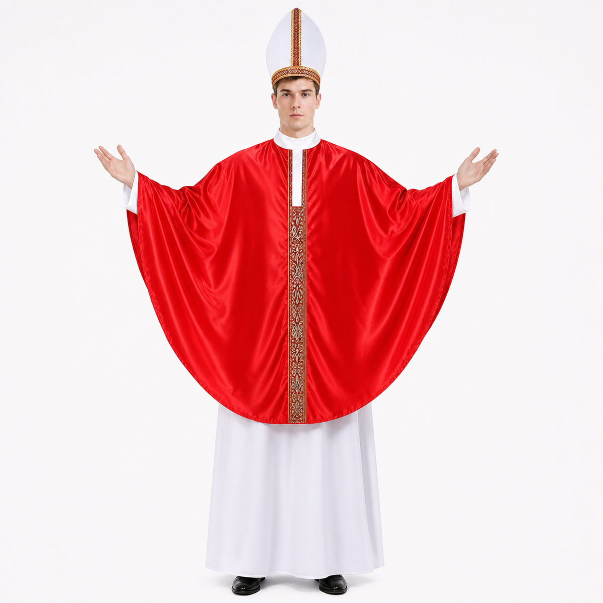 Full-body male model wearing a glossy red wide-sleeved robe with gold trim, white undergarment, and pointed white hat
