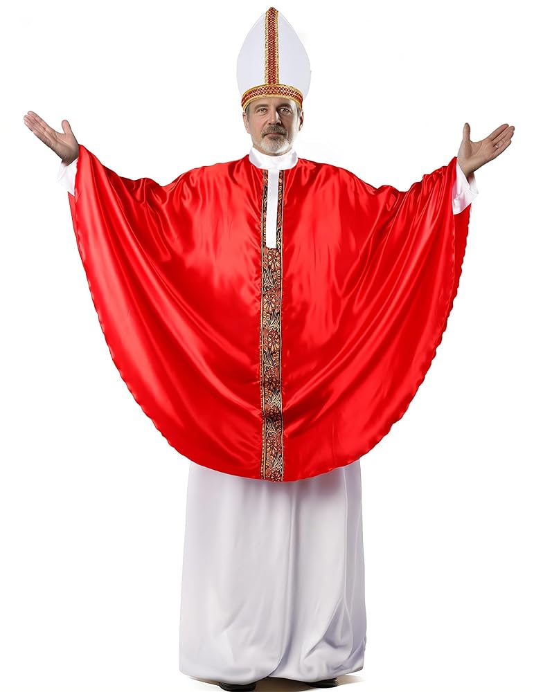 Full-body older male model wearing a glossy red robe with ornate gold trim, white undergarment, and pointed white hat