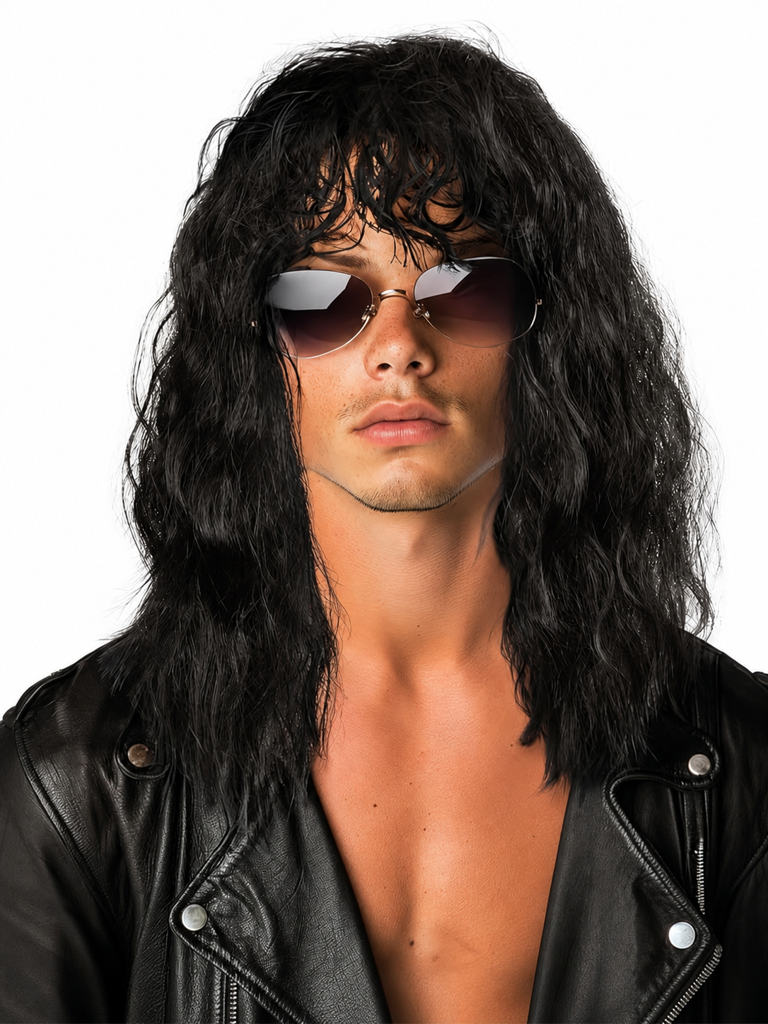 Black long wavy wig with layered strands and fringe shown in a close-up portrait on a model