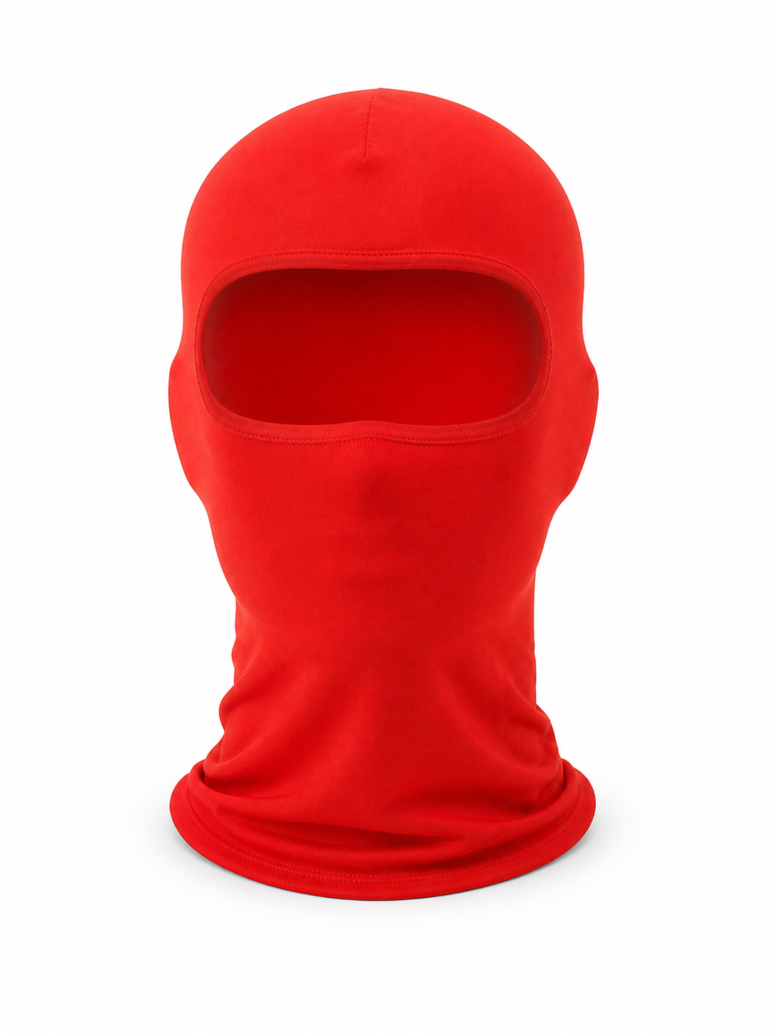 Red fabric full-face mask shown upright from the front with a large oval eye opening