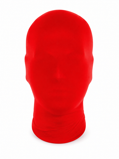 Red fabric full-face mask shown upright from the back on a white background