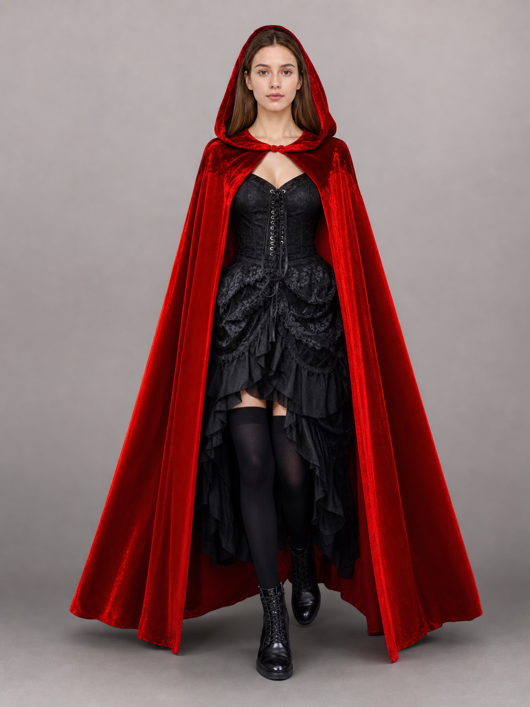 Red velvet hooded cloak shown full-body on a model over a black corset outfit, with a short shoulder cape and long front panels