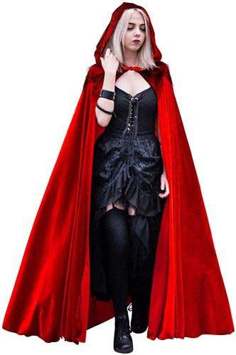 Red velvet hooded cloak shown full-body on a model over a black corset dress, with a tied neck closure and long flared panels