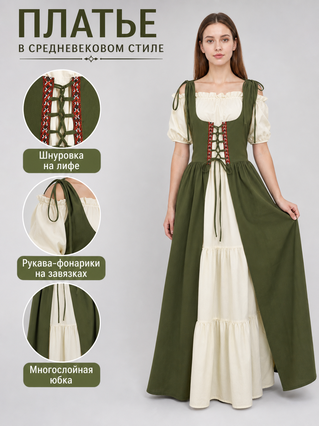 Information card showing dress features including front bodice lacing, tied puff sleeves, and a layered skirt