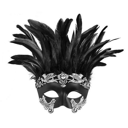 1pc Halloween Black and Silver Feather Half Face Masquerade Mask, Venetian Style